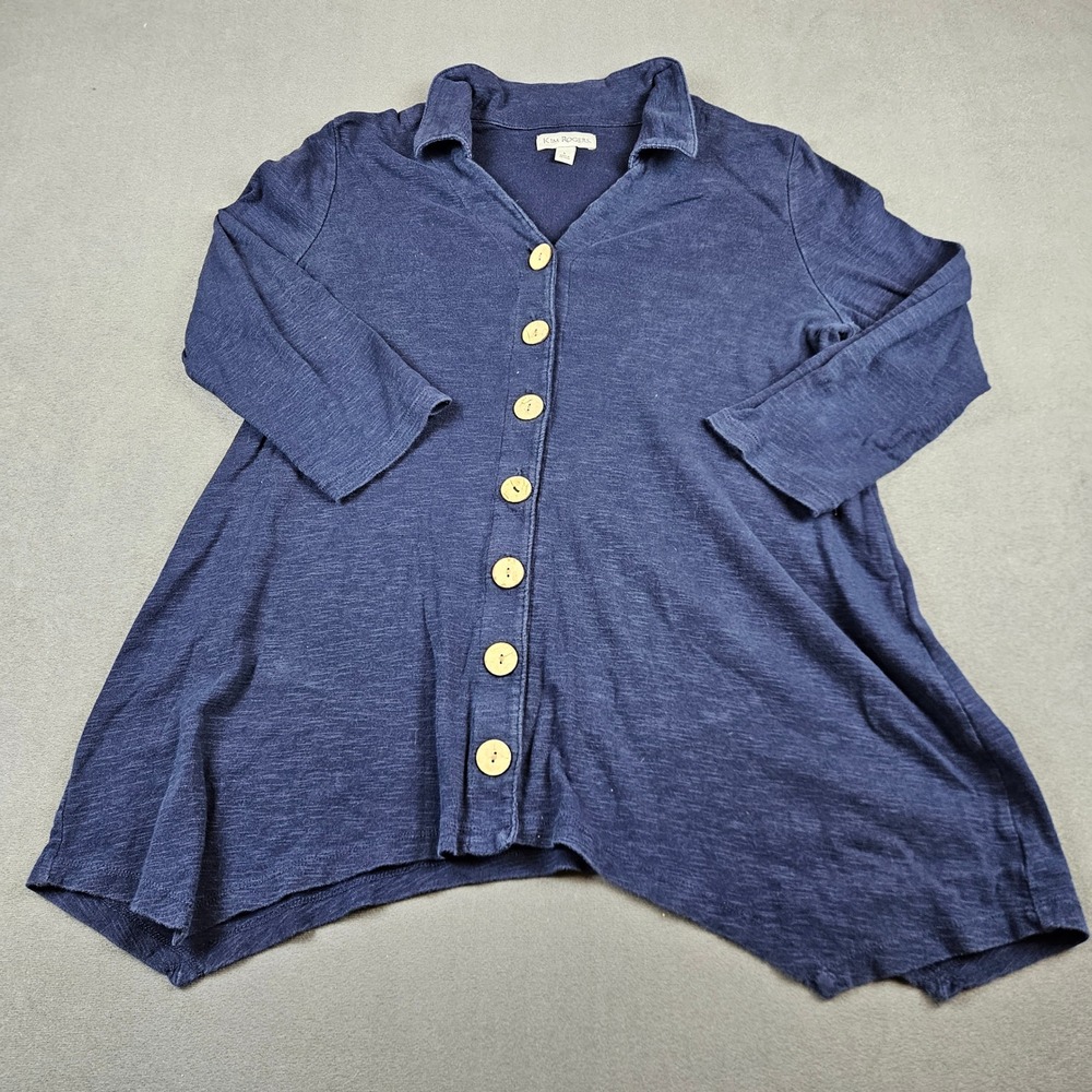 Kim Rogers Navy Blue Cotton Slub Knit Button Front Tunic Top Sharkbite Hem L - Picture 1 of 7